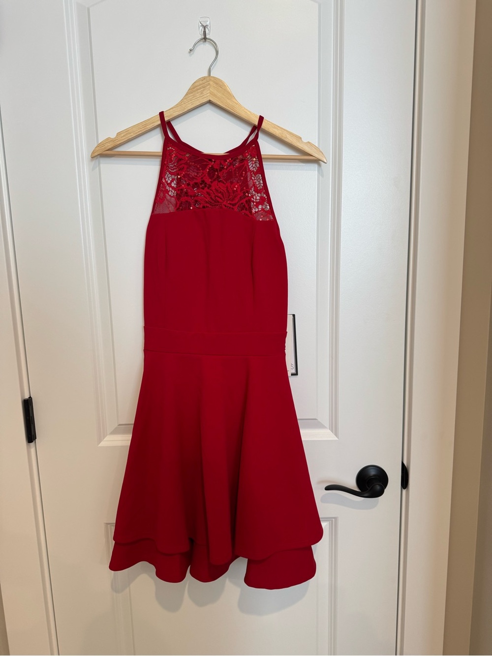 Macy's Red Lace Yoke Halter Fit-and-Flare Dress